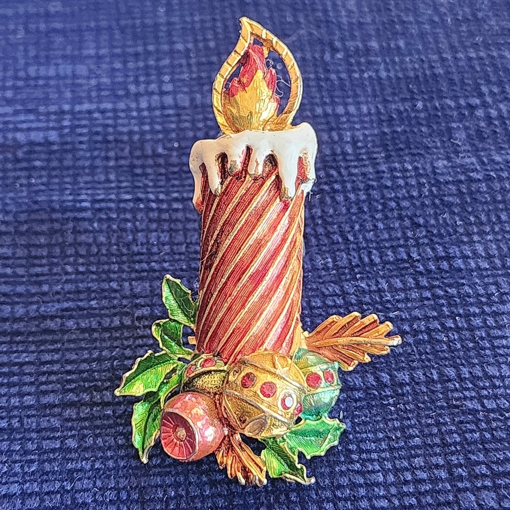 St Labre Brooch Holiday Candle Christmas Pin Goldtone Rhinestone Enamel 2.5" VTG